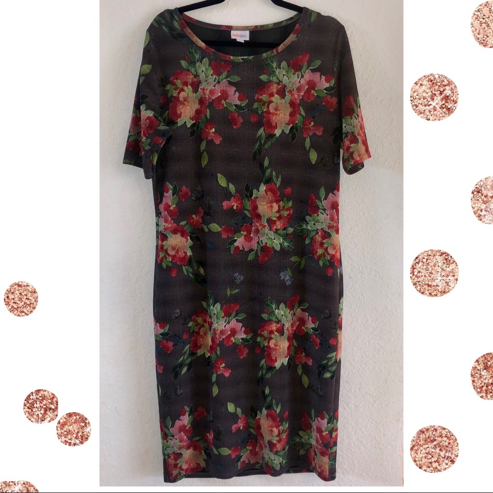 Lularoe Floral & Stripes Gray Julia Dress XL